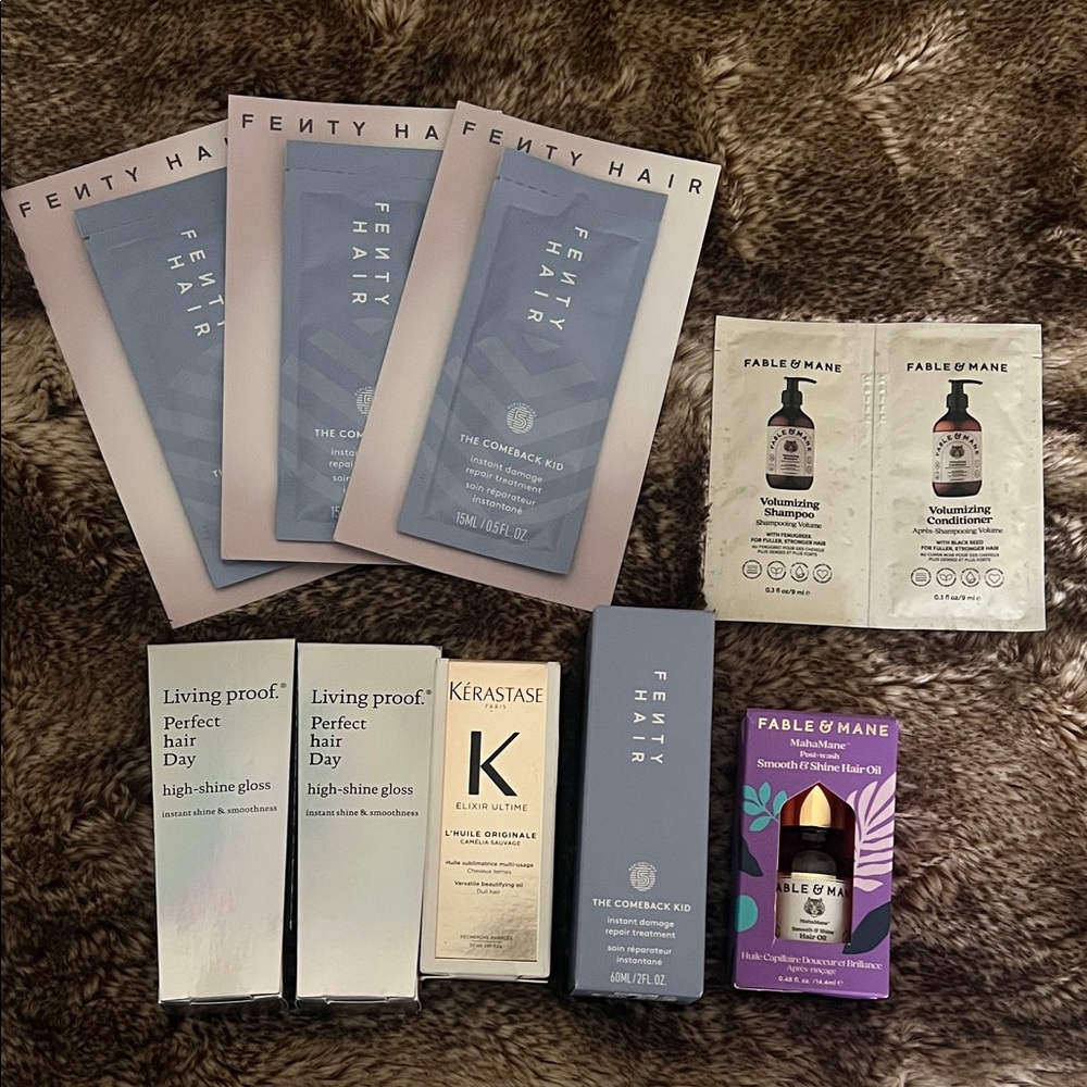Hair care sampler products by Fenty, Fable & Mane, Kerastase and Living Proof